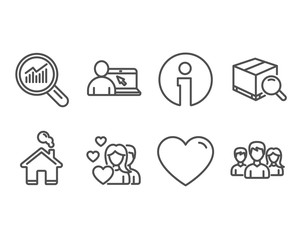 Set of Couple, Heart and Data analysis icons. Search package, Online education and Teamwork signs. Valentines day, Love feelings, Magnifying glass. Tracking service, Internet lectures, Group of users