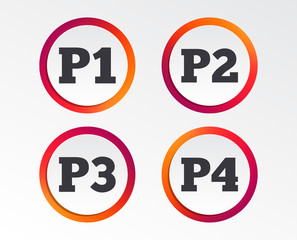 Car parking icons. First, second, third and four floor signs. P1, P2, P3 and P4 symbols. Infographic design buttons. Circle templates. Vector