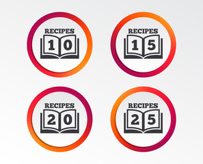 Cookbook icons. 10, 15, 20 and 25 recipes book sign symbols. Infographic design buttons. Circle templates. Vector