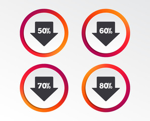 Sale arrow tag icons. Discount special offer symbols. 50%, 60%, 70% and 80% percent discount signs. Infographic design buttons. Circle templates. Vector