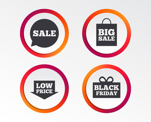 Sale speech bubble icon. Black friday gift box symbol. Big sale shopping bag. Low price arrow sign. Infographic design buttons. Circle templates. Vector