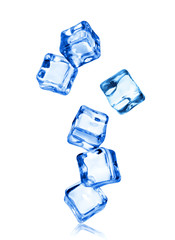 Ice cubes in dynamic motion frozen in the air, isolated on white background