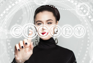 Business woman with Bitcoin symbol. Blockchain Transfers Concept on Gray Background