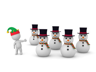 Several 3D Snowmen and Character in Elf Hat