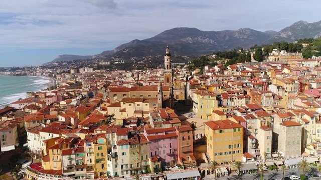 Menton, old city houses and sea in the morning, French riviera, HD movie (1920X1080)