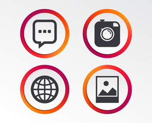 Social media icons. Chat speech bubble and world globe symbols. Hipster photo camera sign. Landscape photo frame. Infographic design buttons. Circle templates. Vector