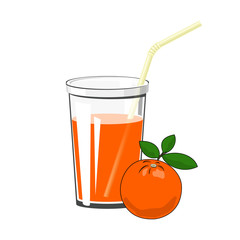 Glass of Fresh Citrus Fruit Juice of Orange and a Straw Isolated on White Background ,Summer Refreshing Drink, Vector Illustration