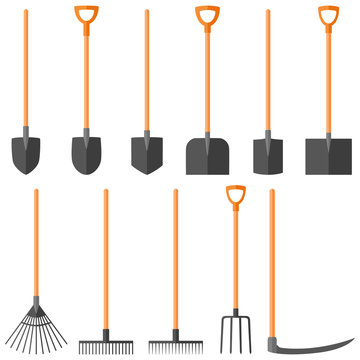 Set of garden tools (shovel, rake, fork, scythe), vector illustration