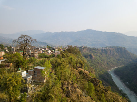 Drone aerial view of Kusma and the Kali Gandaki river in Nepal