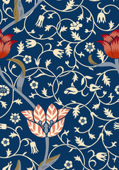 Vintage floral seamless pattern on dark background. Vector illustration. - obrazy, fototapety, plakaty