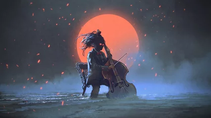 Poster mysterieuze man zittend op een stoel cello spelen in de zee tegen de nachtelijke hemel met de rode maan, digitale kunststijl, illustratie, schilderkunst © grandfailure