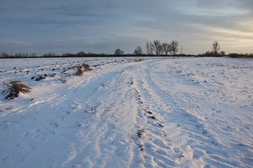 Fototapeta na wymiar Snow-covered road and cloudy sky