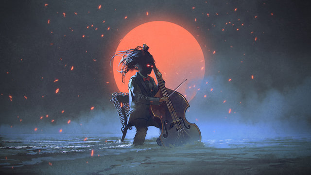 mysterious man sitting on a chair playing the cello in the sea aginst the night sky with the red moon, digital art style, illustration painting
