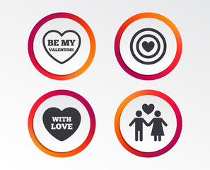 Valentine day love icons. Target aim with heart symbol. Couple lovers sign. Infographic design buttons. Circle templates. Vector