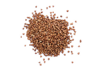 Pile of buckwheat isolated on white background. Top view.