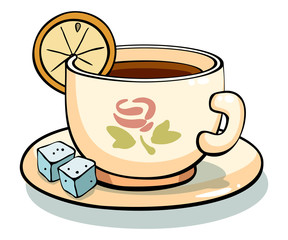 mug of tea on a saucer with lemon. Tea cup icon. 