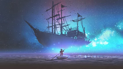 Poster kleine jongen roeit een boot in de zee en kijkt naar het zeilschip dat in de sterrenhemel drijft, digitale kunststijl, illustratie, schilderkunst © grandfailure