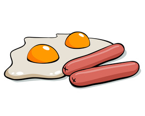 two fried eggs with two sausages. Delicious healthy breakfast.