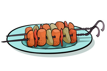 skewers of meat and vegetables on the plate. barbecue, bbq, pulp,  loin and rib chops, rustic belly, meat cubes for stew. Kebab Skewers Icons. Illustration of appetizing cartoon fast food kebab skewer