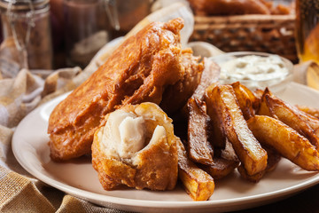 Traditional fish in beer batter and chips