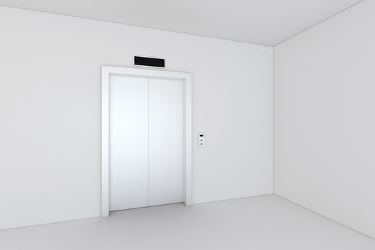 Closed chrome metal office building elevator doors. 3d rendering.