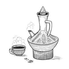 Ethiopian vintage coffeepot and figured cup with a hot drink and a flavored vapor, coffee beans. Vector sketch drawing engraving style. Illustration black and white items of Arabic coffee ceremony.