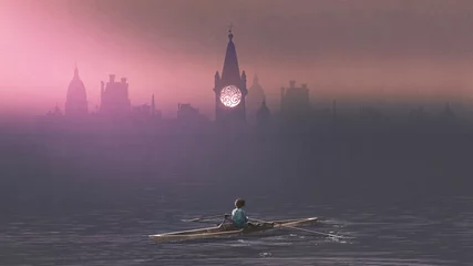 Wandcirkels plexiglas Boy rowing a boat in the sea and mist with ancient castles in background, digital art style, illustration painting © grandfailure