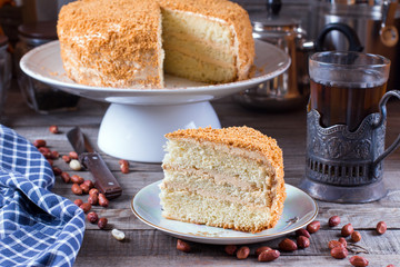 Homemade biscuit cake on a wooden table