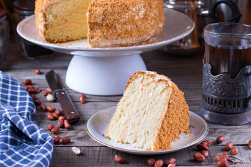 Homemade biscuit cake on a wooden table