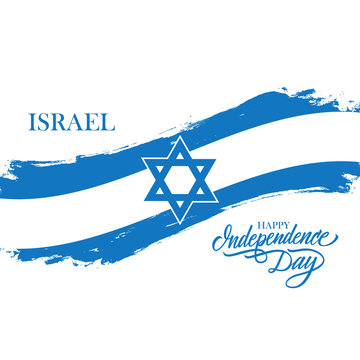 Israel Happy Independence Day greeting card with israeli national flag brush stroke and hand drawn greetings. Vector illustration.