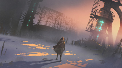 man looking at abandoned factory in a cold winter morning, digital art style, illustration painting