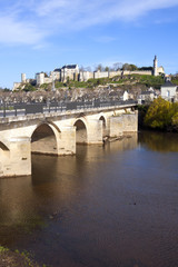 Chinon town and chateau seen beyond the bridge over the Vienne Rive, Indre-et-Loire, France