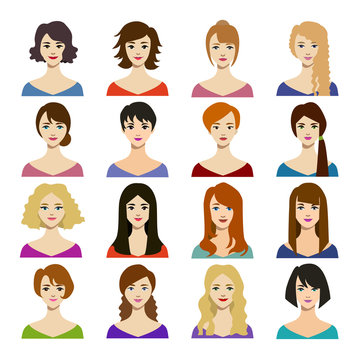 Cartoon Woman Hairstyles Icons Set. Vector