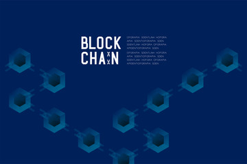 Blockchain technology 3D isometric virtual, system offline concept design illustration isolated on dark blue background and Blockchain Text with copy space, vector eps 10