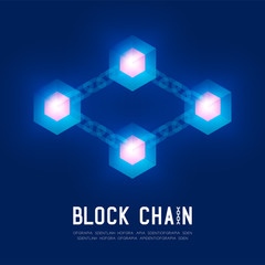 Blockchain technology 3D isometric virtual, system online concept design illustration isolated on dark blue background and Blockchain Text with copy space, vector eps 10