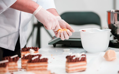 Fototapeta na wymiar Confectioner preparing cake in pastry shop, confectionery