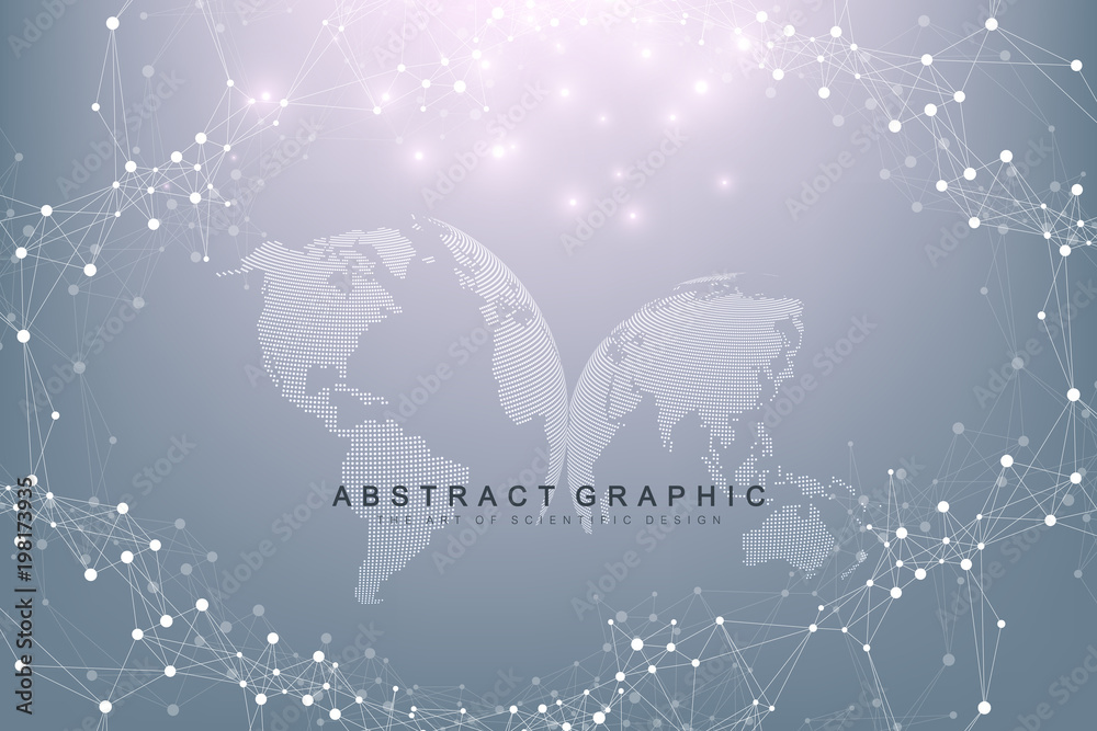 Poster Virtual graphic background with world globes. Global network connection. Digital data visualization. Connection two hemisphere of the planet Earth. Vector illustration.