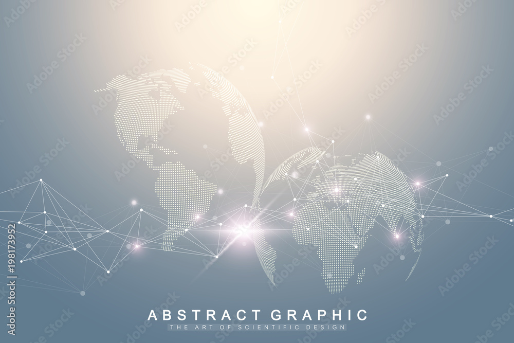 Poster Big data complex world globe. Graphic abstract background communication. Perspective backdrop of depth. Virtual minimal array with compounds. Digital data visualization. Vector illustration Big data.