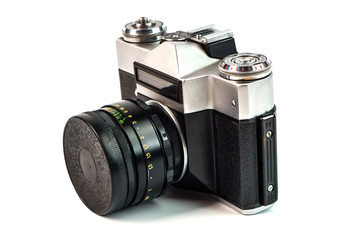 Retro film photo camera isolated on white background. Old analog camera isolated on white...