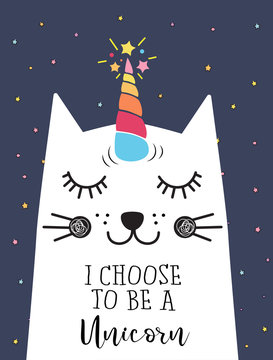 Cute cat unicorn illustration, textile graphic t shirt print vector illustration
