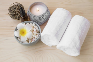 Spa still life with bath products and flower