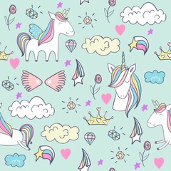 Magic cute unicorns. Vector hand drawn seamless pattern