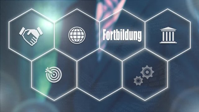 A businessman pressing a Further Education "Fortbildung" button in German on a futuristic computer  display