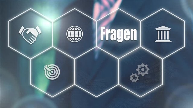 A businessman pressing a Ask Questions "Fragen" button in German on a futuristic computer  display