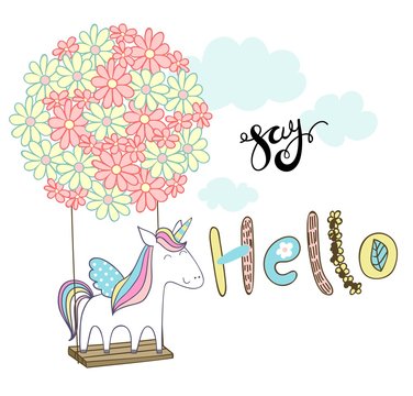 Card with cartoon unicorn on a flower swing in the clouds. Say hello.