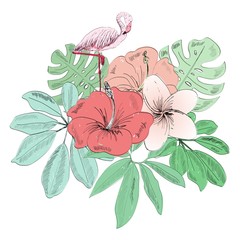 Tropical vector illustration with flamingo and flowers.