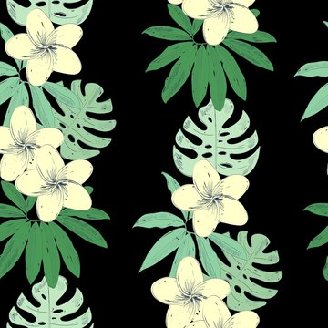 Tropical seamless vector pattern with leaves and flowers.