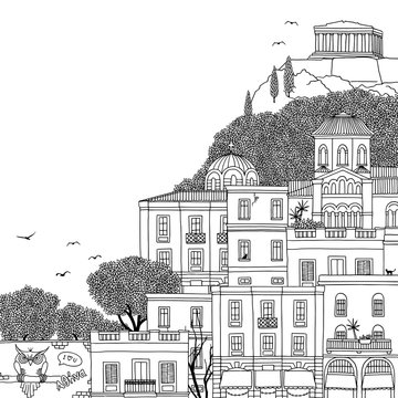 Hand drawn black and white illustration of Athens, Greece with empty space for text