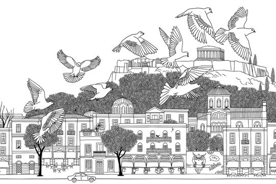 Birds over Athens - hand drawn black and white illustration of the city with a flock of doves
