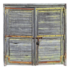 Vintage aged   curved  wooden garage doors with rusty steel stripes.